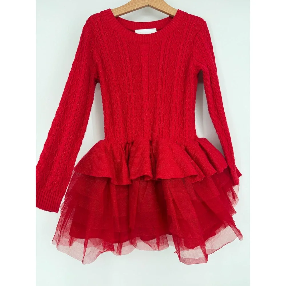 American Girl Red Crimson Sparkle Sweater Dress Sz 6 Cable Knit Tulle Skirt